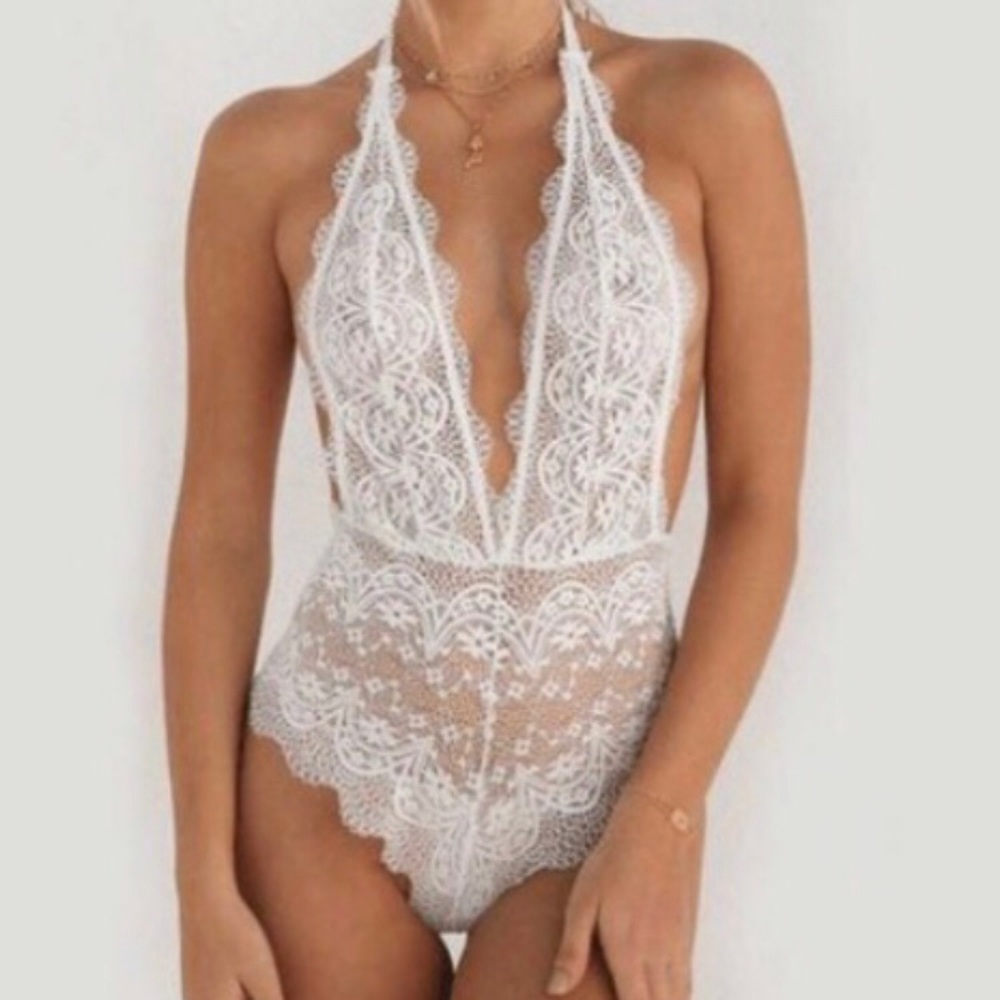 White Lace Sheer Floral Halter Bodysuit